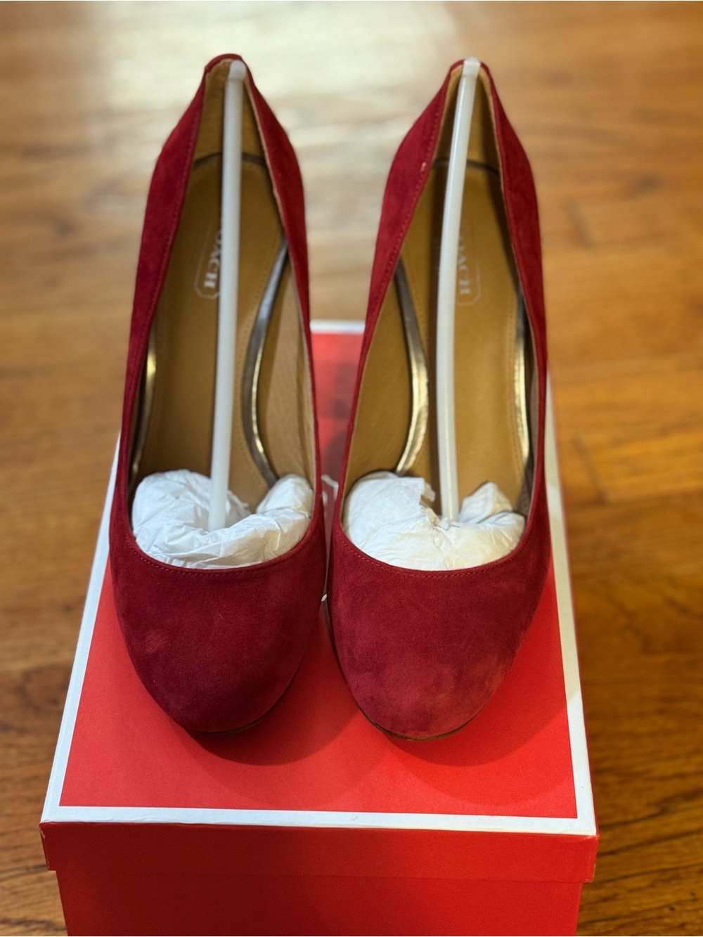 Coach "Ophelia" Red Suede Block Heel Pumps (Size 7.5)
